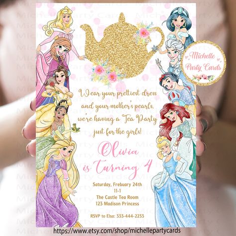 Princess Tea Party Birthday Invitations, Princess Tea Party Invitations, 3 Year Princess Birthday Party, Disney Princess Tea Party Birthday, Tea Party Princess Birthday, Tea For Three Birthday Party, Tea Party Invitations Diy, Princess 3rd Birthday Party, Toddler Princess Party