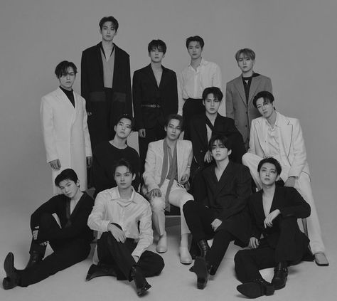 Seventeen Black And White Group, Seventeen Ot13 Black And White, Seventeen Black And White Aesthetic, Seventeen Black And White, Kpop Wall Decor, Seventeen Performance Unit, Choi Han, Kpop Wall, Groups Poster