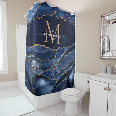 Navy Blue And Gold Bathroom, Blue And Gold Bathroom, Teal Bathroom Accessories, Teal Bathroom, Selfcare Skincare, Unique Shower Curtains, Soothing Bath, Unique Shower Curtain, Navy Blue And Gold