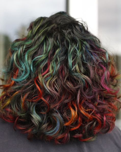 Multicolored Curly Hair, Multicolor Curly Hair, Brown Curly Hair Dye Ideas, Black Curly Hair With Red Highlights, Vivid Curly Hair, Colourful Curly Hair, Fun Curly Hair Color, Curly Hair Colors Ideas, Curly Coloured Hair