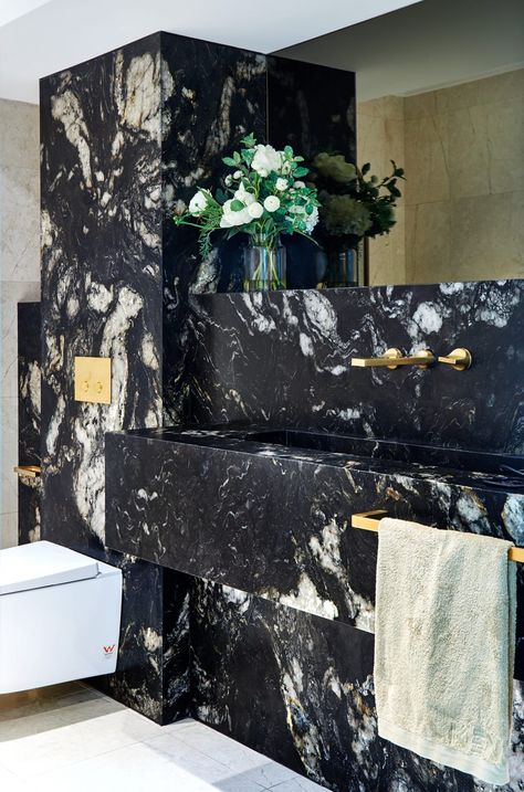 This leathered Titanium granite powder room makes a bold statement in this design by @jdzdesigns_ ⁣ ⁣ #cdkstone #titaniumgranite… | Instagram Titanium Gold Granite, Titanium Granite, Natural Interiors, Granite Bathroom, Wash Basin, Powder Room, Kitchens Bathrooms, Bathroom Ideas, Natural Stone