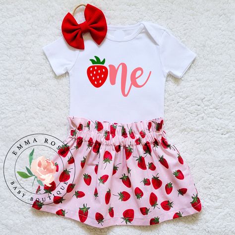 Strawberry first birthday outfit with a matching hair bow.  Strawberry one birthday shirt with a light pink and red strawberry skirt. Berry First Birthday Outfit, Berry 1st Birthday Party, Neutral Bodysuit, Sweet One Birthday Party, Strawberry Skirt, Berry First Birthday Party, Strawberry 1st Birthday, Birthday Outfit Pink, Berry 1st Birthday