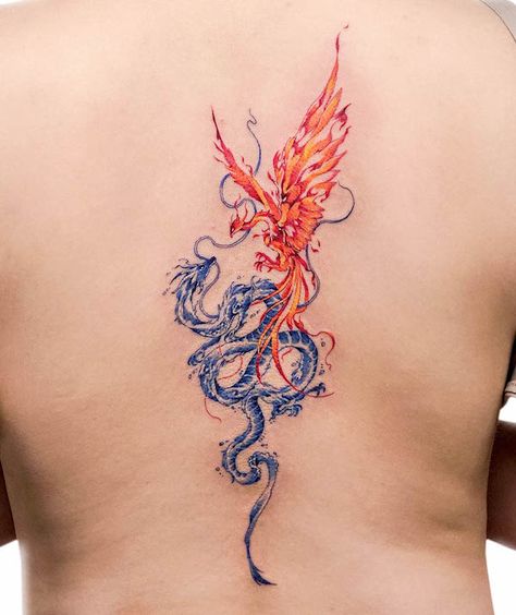 Fire phoenix and water dragon @tattooist.inno Megan Bowen Tattoo, Phoenix And Dragon Tattoo Design, Phoenix Dragon Tattoo, Phoenix And Dragon Tattoo, Dragon Phoenix Tattoo, Dragon And Phoenix Tattoo, Unique Dragon Tattoo, Phoenix Tattoo Feminine, Dragons Tattoo