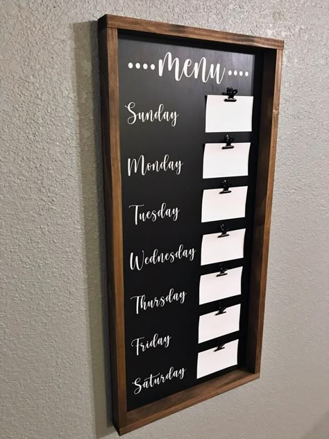 Menu Board Kitchen Wall, Cricut Meal Planner Board, Calendar And Menu Wall, Menu Kitchen Board, Chalkboard Meal Planner, Weekly Dinner Menu Board, Farmhouse Menu Board, House Menu Board, Weekly Menu Chalkboard