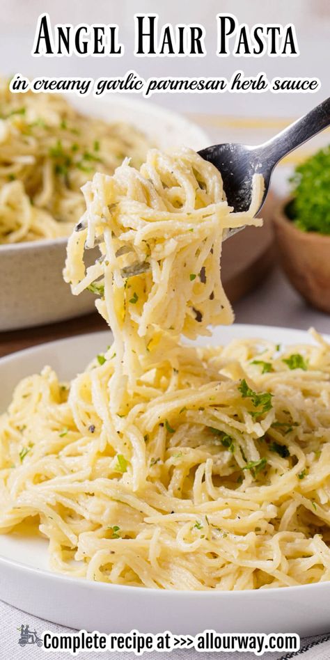 Non Dairy Alfredo Sauce, Angle Hair Pasta Recipes, Creamy Angel Hair Pasta, Family Supper Ideas, Angel Hair Recipes, Creamy Chicken Pasta Bake, Garlic Herb Sauce, Great Pasta Recipes, Pasta With Herbs