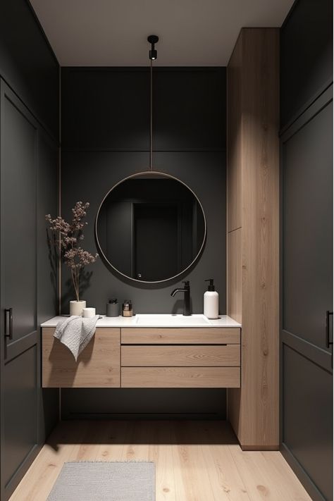 Chic Scandinavian laundry space featuring charcoal walls and round mirror Dark Laundry Room, Scandinavian Laundry, Dark Laundry, Scandinavian Laundry Room, Dark Scandinavian, Nordic Noir, Laundry Room Colors, Charcoal Walls, Unexpected Beauty