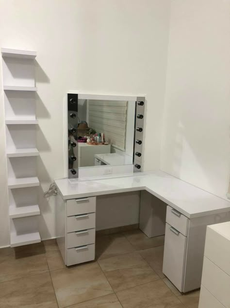 Vanity And Desk Combo, Vanity And Desk Combo Ideas, Corner Vanity Ideas, Desk/vanity Combo, L Shaped Vanity, Vanity Ideas Bedroom, White Corner Desk, Vanity Shelf, Vanity Bedroom