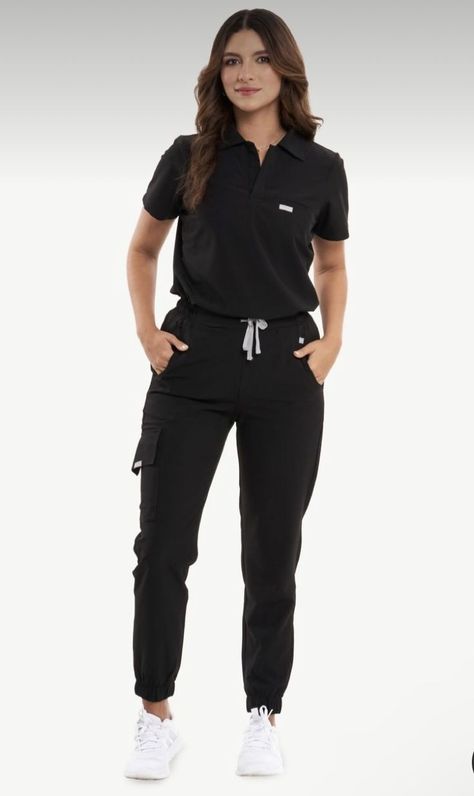 Medical Assistant Outfit Scrubs, Black Scrubs Outfit Cute, Scrubs Uniform Cute Medical, Medical Uniforms Woman, Black Scrubs Outfit, Esthetician Uniform, Salon Uniform Ideas, Scrubs Outfit Ideas, Scrubs Aesthetic