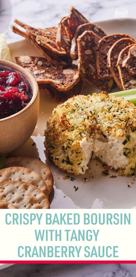 Recipe of the Day: Crispy Baked Boursin with Tangy Cranberry Sauce 🌟 This crispy round of baked cheese, with its warm melty interior, makes the perfect party appetizer, especially when paired with a ruby-red cranberry sauce. Both the cheese and the sauce can be prepped a day (or two!) ahead, so it's simple to pull together right before serving. It scales easily for a crowd–arrange two or three rounds on a platter with sauce for dolloping and a variety of crackers and crudités for dipping. Baked Boursin Cheese, Boursin Cheese Appetizers, Baked Boursin, Boursin Cheese Recipes, Canned Cranberries, Cheese Dip Recipes, Boursin Cheese, Baked Cheese, Charcuterie Recipes