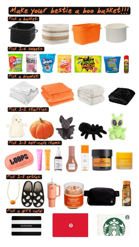 Love how I made this in June 😜 Orange Gift Basket, Halloween Things To Do, Halloween Boo Basket, Boo Basket Ideas, Halloween Sleepover, Fall Gift Baskets, Making A Gift Basket, Halloween Gift Baskets, Boo Baskets