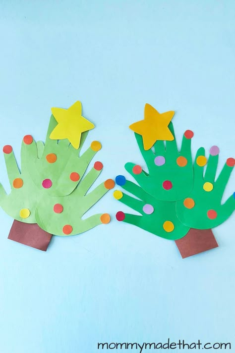 Handprint Christmas Tree Craft for Kids Tree Topper Crafts For Kids, Christmas Tree Arts And Crafts For Kids, Toddler Christmas Tree Crafts, Christmas Tree Crafts Preschool, Handprint Christmas Crafts, Christmas Tree Handprint, Christmas Tree Craft For Kids, Preschool January, Handprint Christmas Tree