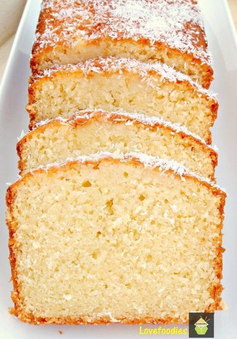 Moist Coconut Pound Loaf Cake. Light, soft, and oh sooooo delicious! | Lovefoodies.com Coconut Pound Cake Recipe, Pound Loaf Cake, Coconut Pound Cake, Coconut Pound Cakes, Moist Cake Recipe, Cake Light, Loaf Cake Recipes, Loaf Cakes, Pound Cake Recipe