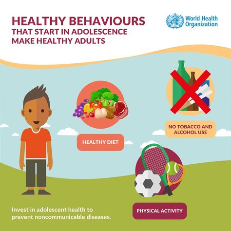 Adolescent health - Healthy behaviors that start in adolescence make healthy adults. These healthy behaviors are related to eating, physical activities and avoiding tobacco/alcohol. Pediatrics #Child #Health #Infographic #pediatric #practice #pediatrician #health #providers #WHO  #World #Health #Organization #Adolescence #Healthy #behaviors Small Investments, Adolescent Health, Assistant Director, Health Lessons, Health Smoothies, Health Logo, Health Breakfast, Health Snacks, Health Eating