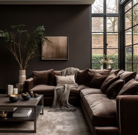 brown interior trend 2024 Neutral Living Room Brown Sofa, Coloured Sofas Living Rooms, Brown And Rust Living Room Decor, Brown And Black Decor Living Room, Dark Brown Moody Living Room, Cosy Masculine Living Room, Dark Wall Interior, Dark Chocolate Living Room, Espresso Decor Ideas