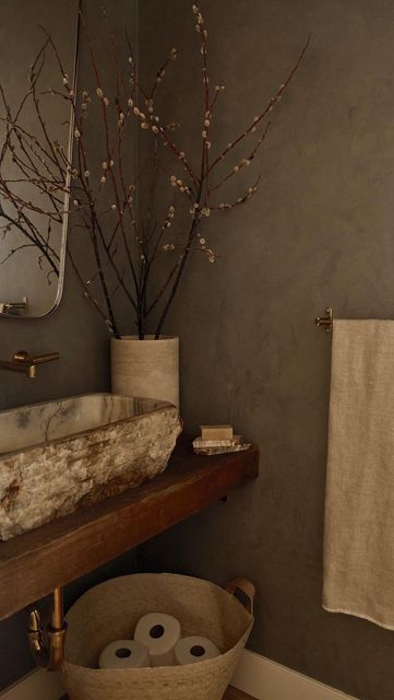 Moody Boho Aesthetic, Moody Limewash, Bathroom Ideas Moody, Moody Master Bath, Moody Powder Bath, Moody Organic Modern, Powder Room Toilet, Moody Hallway, Powder Room Inspiration