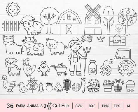 A collection of rustic farm animal clipart perfect for enhancing DIY decor projects and crafts. Farm Simple Drawing, Farm Animal Doodles Simple, Farm Doodles Easy, Easy Farm Animal Drawings, Farm Drawing Easy, Farm Doodles, Draw Farm Animals, Farm Drawing, Farm Animal Clipart