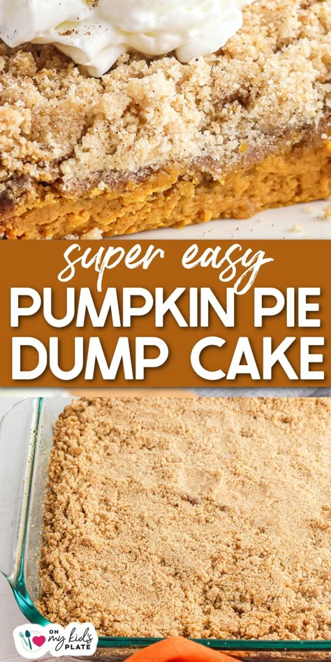 Easy, creamy pumpkin pie dump cake will become your new favorite dessert! Creamy pumpkin pie layered with a buttery cake crumble layer, then top it all with whipped cream or ice cream. Yum! Pumpkin Pie Dump Cake, Easy Pumpkin Dump Cake, Cake Crumble, Half Cake, Creamy Pumpkin Pie, Pumpkin Dump Cake Recipe, Pumpkin Dump, Pumpkin Crunch, Dump Cake Pumpkin