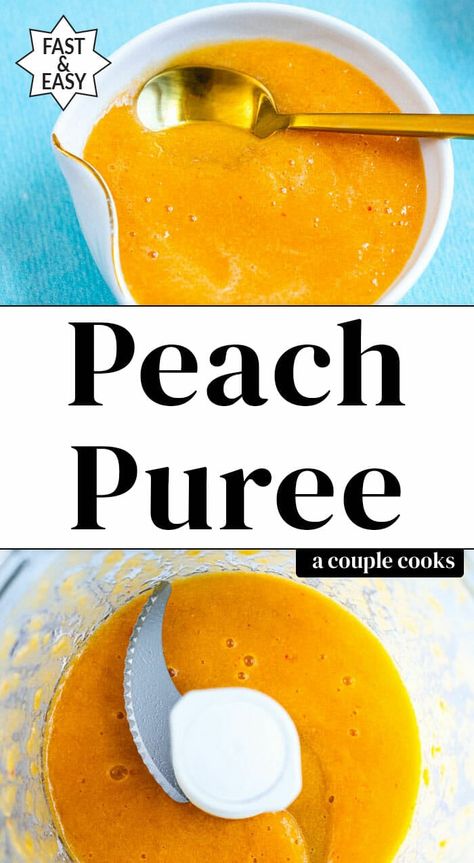 Here's how to make peach puree! It's quick and simple to whip up with a blender or food processor, and you can use fresh or frozen peaches. #peaches #peachpuree #puree #bellini #bellinis #peachrecipe How To Make Peach Puree, Peach Puree Recipe, Peach Puree For Drinks, Pureed Food Recipes For Adults, Purée Foods, No Chew Diet, Summer Meal Prep Ideas, Liquid Diet Ideas, Food For Seniors