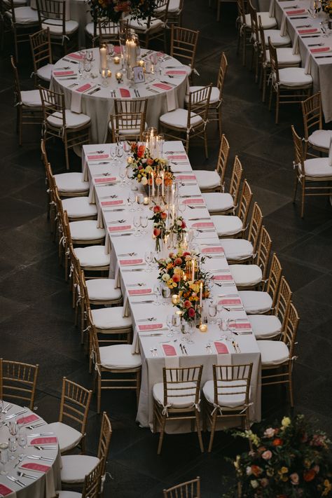 Long rectangular guest table with summer florals and candlesticks. PC: Tyler Boye Photography https://tylerboye.com/ Round And Rectangular Tables At Wedding, Rectangular Table Decor Wedding, Rectangle Reception Tables Centerpieces, Rectangle Tables Wedding Reception, Family Style Wedding Dinner Table, Rectangle Table Centerpieces Wedding, Guest Table Wedding, Rectangle Table Centerpieces, Long Wedding Table Decorations