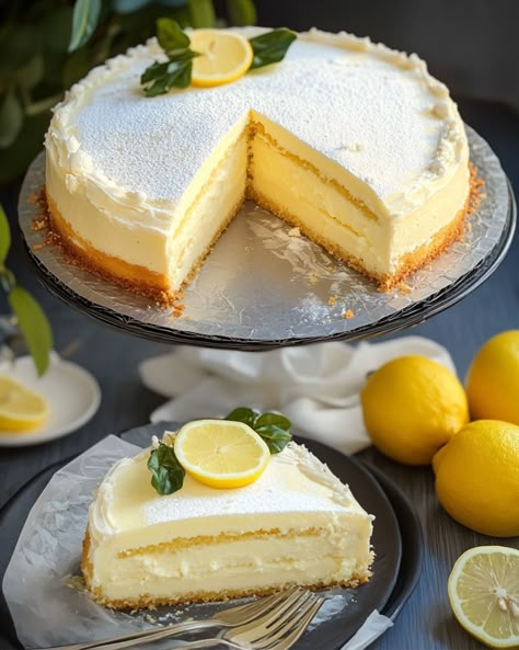 Lemon Custard Cake - Greenku Recipes Lemon Custard Filling, Lemon Custard Cake, Custard Flan, Custard Cake Recipes, Lemon Treats, Lemon Pudding Cake, Lemon Cheesecake Recipes, Lemons And Limes, Custard Desserts