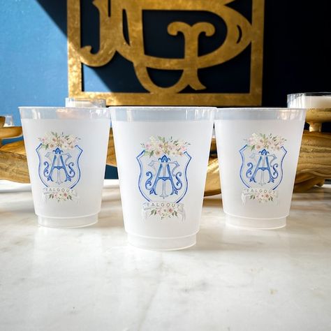 Custom Watercolor Monogram Full Color Shatterproof Cups | Etsy Venue Watercolor, Frosted Cups, Photo Cup, Watercolor Monogram, Frosted Cup, Dinner Reception, Wedding Crest, Wedding Cups, בר מצווה