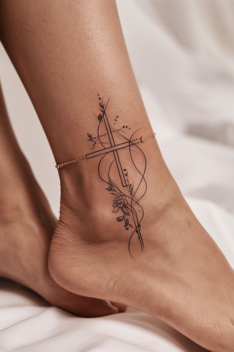 15 Inspirational Cross Tattoos for Women to Express Their Faith Cross Tattoo On Ankle, Feminine Cross Tattoos For Women, Christanity Tattoos, Christian Tats, Back Cross Tattoos, Pretty Cross Tattoo, Unique Christian Tattoos, Tattoo On Ankle, Tiny Cross Tattoo