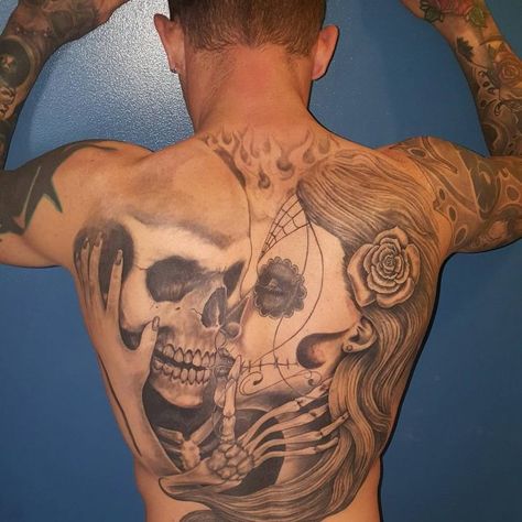 109 Best Back Tattoos for Men | Improb Basic Back Tattoos, Back Tattoos Men, Kissing Skulls, Different Tattoo Ideas, Back Tattoos For Guys Upper, Info Tattoo, Beautiful Back Tattoos, Tattoo Ideas Males, Cool Back Tattoos