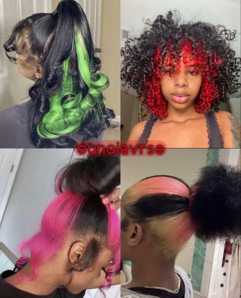 Dyed Hair With Black Hair, Pretty Colors To Dye Your Hair, Creative Ways To Dye Your Hair, Colored Natural Hair For Black Women, Dye Hair Ideas For Black Hair, Blackhairstyles Natural, Ways To Dye Your Hair Ideas, Skunk Stripe Hair Black Women, Colors To Dye Your Hair Black Women