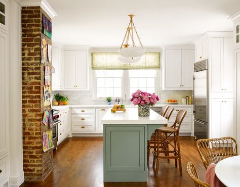 Cabinet For Fridge, Green Family Rooms, White Cottage Kitchen, Funky Lighting, White Wall Bedroom, Guest Bedroom Remodel, 2022 Kitchen, Lake House Kitchen, 1920s House