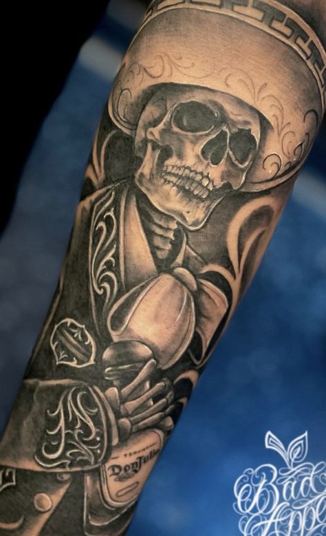 Charro Skeleton Tattoo, Mexican Skull Tattoo Design, Mexican Bull Tattoo, Mexican Gunslinger Tattoo, Mexican Bandit Tattoo, Mexican Leg Tattoo, Mexican Tattoo Sleeve, Dia De Los Muertos Tattoo Ideas Men, Mexican Themed Tattoos