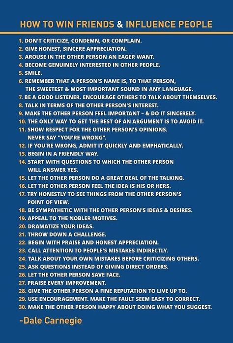 Dale Carnegie Poster How to Win Friends and Influence People Poster. Perfect for those interested in motivational quotes. You may also be interested in life coaching or inspirational quotes and this will hit the spot too. Influencer Bedroom Ideas, Influence People, Gabriel Garcia Marquez, How To Influence People, Good Listener, Dale Carnegie, Psychology Facts, Coping Skills, Self Improvement Tips