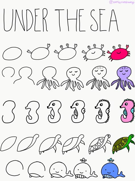 Drawing, drawing, doodle, doodling, step by step, how to, how to draw, bullet journal, design idea, theme, bullet journal theme ideas, bullet journal design idea, ocean, animals, under the sea, sea creatures How To Doodles Step By Step, Easy Doodle Step By Step, Cute Easy Animal Drawings Step By Step, Easy Doodles Step By Step, Fun Easy Drawings Doodles, Under The Sea Animals Drawings, Easy To Draw Sea Animals, Ocean Animals Drawing Easy, Cute Sea Creatures Drawing Easy