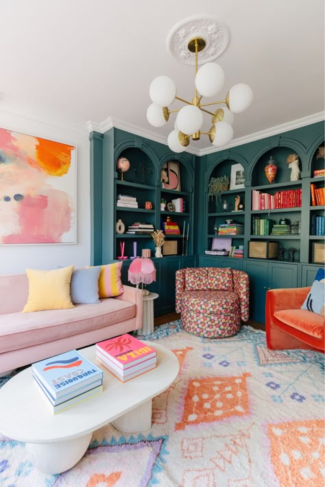 Vibrant Living Room, Dopamine Decor, Colourful Living Room, Living Room Inspo, Home N Decor, Home Library, House Inspo, A Living Room, Home Inspo