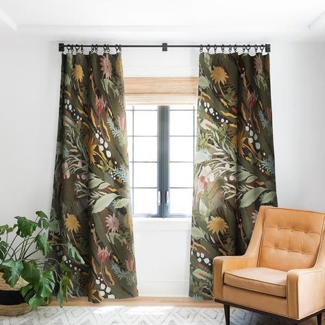 Iveta Abolina Biophilia Desiree Blackout Window Curtain (one panel) (One Panel) - On Sale - Bed Bath & Beyond - 39033191 Eclectic Decor Curtains, Green Patterned Curtains, Fun Curtains Living Room, Minimalist Curtains Living Room, Printed Curtains Living Room, Blue Green Curtains, Jungle Curtains, Picture Window Curtains, Funky Curtains