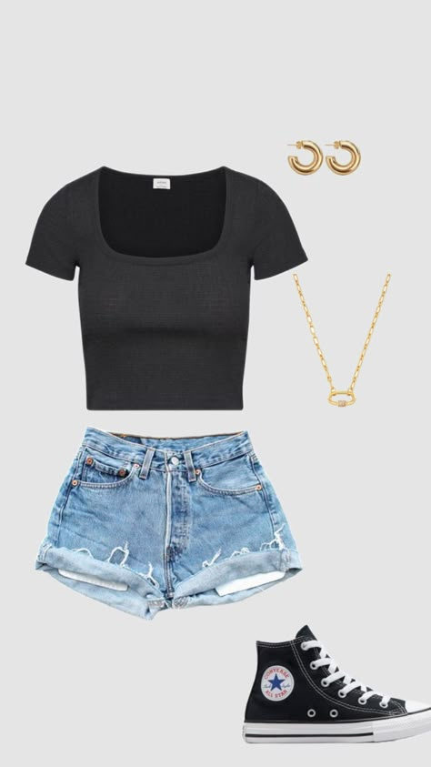 Outfit Inspo Jean Shorts, Outfits With Black Converse, What To Wear With Shorts, Latina Outfits Summer, 8th Grade Outfit Ideas, Outfits Jean Shorts, Outfit Ideas For The Summer, Sporty Summer Outfits, Bisexual Wallpaper