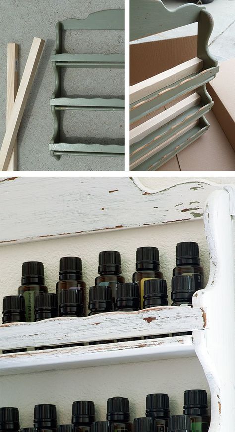 A DIY essential oils storage solution that's accessible, attractive and affordable. Essential Oils Storage, Essential Oil Rack, Oil Rack, Paint Bottles, Display Plates, Oil Shelf, Diy Rack, Essential Oil Shelf, Spice Shelf