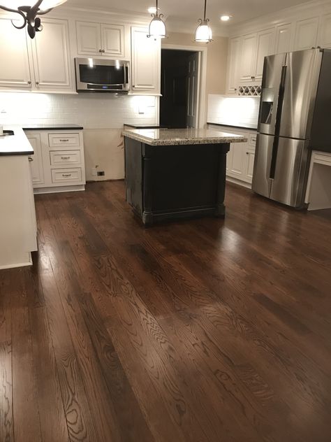 Duraseal Spice Brown with tinted satin polyurethane finish on red oak Red Hardwood Floors, Spice Brown Floor Stain, Brown Oak Floors, Staining Hardwood Floors, Hardwood Floor Stain Colors, Oak Floor Stains, Floor Stain Colors, Red Oak Hardwood Floors, Red Oak Hardwood