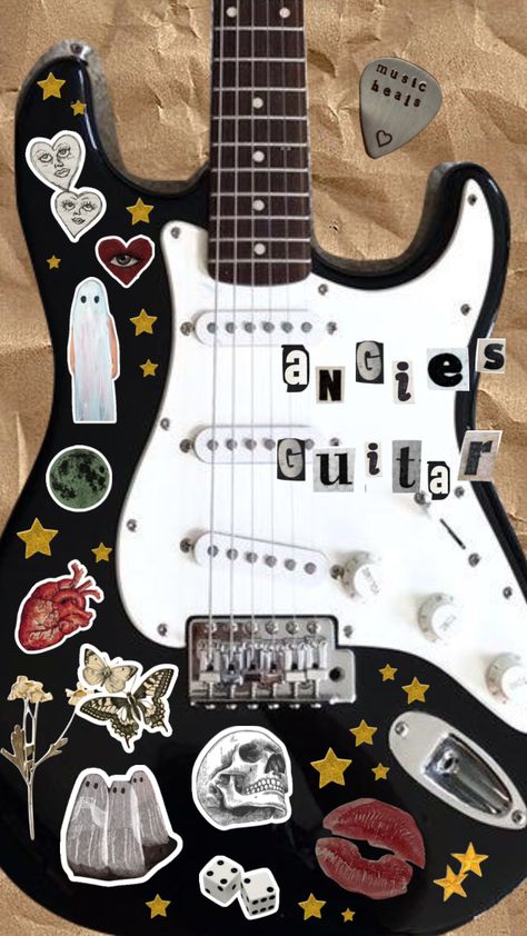 decorated a guitar #music #guitar #moodboard #aesthetic Black Electric Guitar With Stickers, Electric Guitar Sticker Aesthetic, Electric Guitar Decor, Decorated Guitars Stickers, Acoustic Guitar Decoration, Decorated Electric Guitar, Guitar With Stickers Aesthetic, Decorated Acoustic Guitar, Electronic Guitar Aesthetic