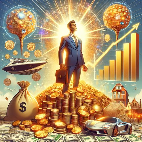 Design showcases individual surrounded by gold, dollar bills, jewels, luxury goods & symbols of success. Growing chart & money tree signify prosperity. The person broadcasting a confident aura amidst a glow of success.  #WealthManifestation #Prosperity #Success #FinancialFreedom #Abundance #LuxuryLiving. Discover more on wealth manifestations [here](insert link). Prosperity Images, Vision Board Abundance, Manifestation Images, Confident Aura, Money Symbol, Abundance Images, Gold Dollar, Lucky Wallpaper, Wealth Manifestation