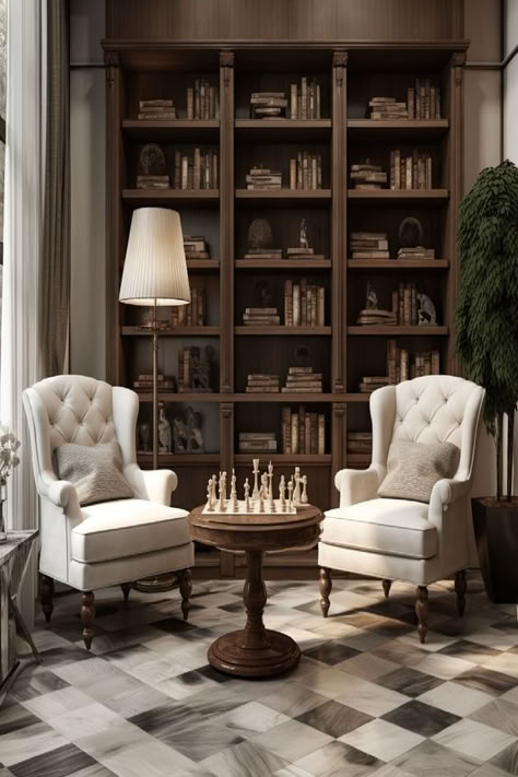 Immerse yourself in the quiet sophistication of this chess-themed lounge. The elegant chairs, wooden bookshelves, and timeless chessboard invite introspection and strategy. Uncover more Game Room Ideas For Adults to inspire your décor journey. Chess Sitting Area, Different House Themes, Chess Nook Living Rooms, Chess Room Ideas, Chess Board In Living Room, Sitting Room Library Ideas, Chess Room Design, Elegant Game Room, Chess Table In Living Room