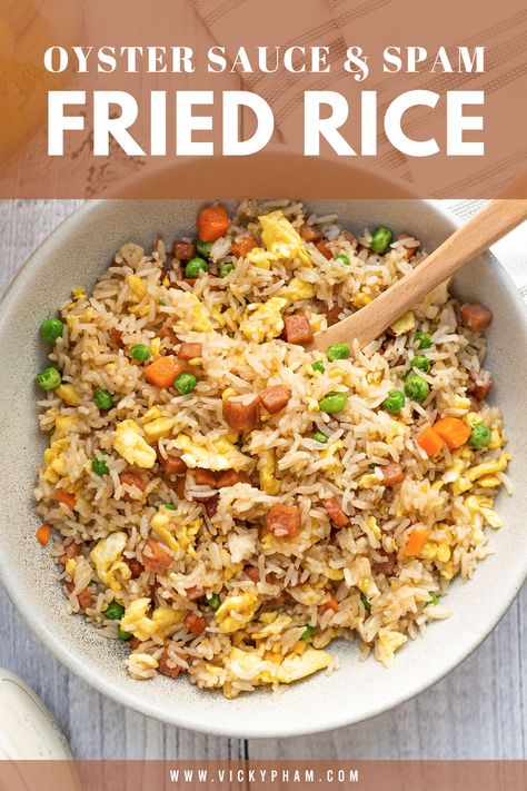 Quick and easy SPAM fried rice. It’s amazingly delicious that both kids and adults will enjoy. Loaded with veggies, crispy fried cubes of SPAM, fluffy bits of scrambled eggs, and simply flavored with oyster sauce, this recipe only takes a few minutes to put together. Save yourself a trip to the restaurant and have an amazing and simple dinner at home. Fried Rice With Oyster Sauce, Oyster Sauce Fried Rice, Easy Spam Fried Rice, Recipes With Oyster Sauce, Spam Recipes Dinners, Spam Fried Rice, Spam Recipes, Fried Rice With Egg, Khmer Food