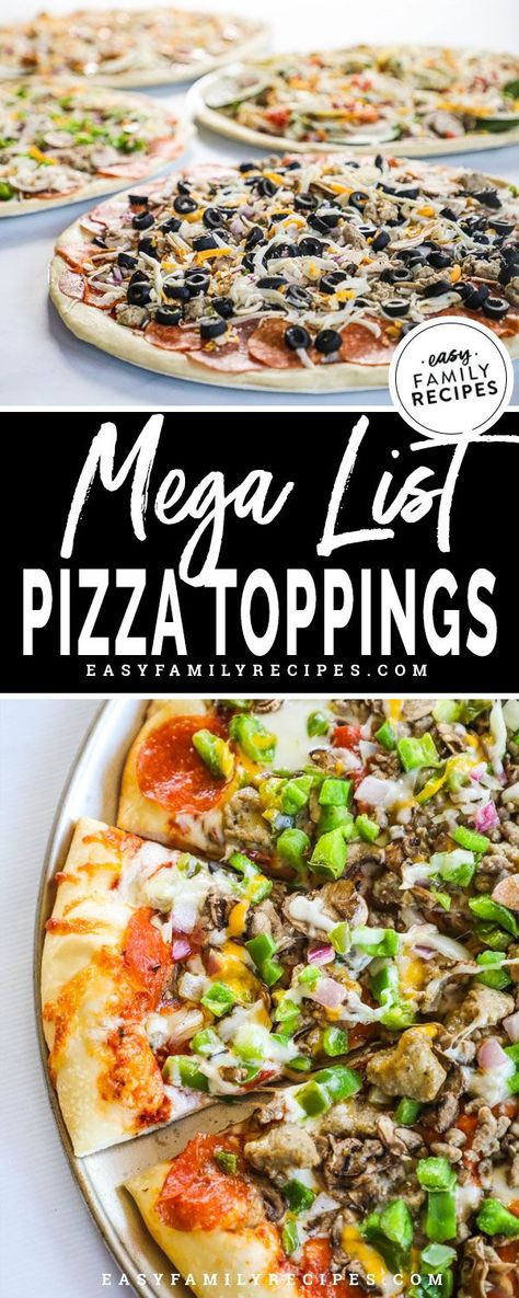 MUST SAVE! This list is genius! Every Pizza topping combination in the world! This is the perfect thing to keep handy for pizza night on friday. Whether you are looking for classic pizza ideas, or unique pizza toppings, this list has it all. Try a new pizza or go with an old favorite. Even lists vegetarian and vegan options! Pizza Toppings List, Gourmet Pizza Toppings, Unique Pizza Toppings, Healthy Pizza Toppings, Red Pizza Sauce, Pizza Topping Ideas, Pizza Toppings Combinations, Family Pizza Night, Pizza Vegana