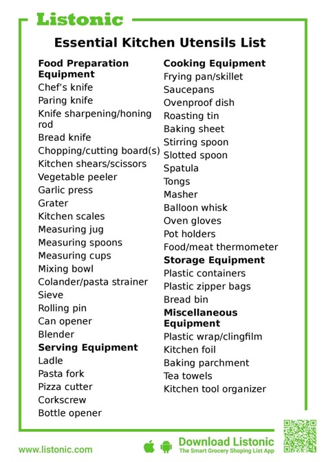 If you're moving house or buying a new home, make sure your kitchen is kitted out with all the most crucial equipment with this essential kitchen utensils list. All Kitchen Utensils, List Of Kitchen Items, List Of Kitchen Utensils, Essential Kitchen Utensils List, Essential Household Items List, Essential Kitchen Items List, List Of Household Items For New House, Kitchen List For New Home, Kitchen Inventory List