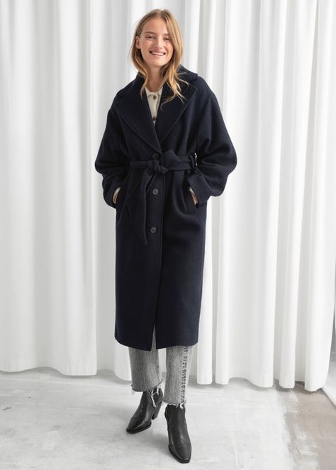 Classic Style Personality, Long Black Wool Coat, Belted Wool Coat, Boyfriend Coat, Oversized Wool Coat, Fall Fashion Coats, Straight Clothes, Navy Coat, Black Wool Coat