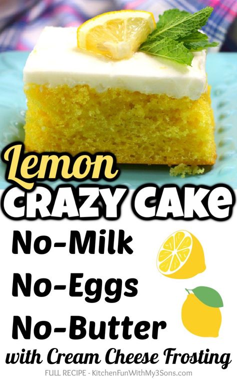 Lemon Crazy Cake is the wacky recipe that tastes great but has absolutely no eggs, no milk and no butter! This recipe adds the fun flavor of lemon, too. Desserts Without Eggs And Milk, Eggless Lemon Cake Recipes, Lemon Cake Without Eggs, Dessert Without Eggs Recipes, Cake Without Milk, Wacky Cakes, Lemon Cake With Cream Cheese, Egg Desserts, Cake Without Eggs