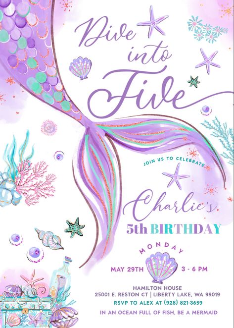 Mermaid Party Invite, 5th Birthday Girl Themes, Mermaid 5th Birthday Party, Mermaid Birthday Invitations Free, Mermaid Birthday Cards, Mermaid Invites Birthday, Birthday Invitations Mermaid, Mermaid Theme Invitation, Mermaid Bday Invitations