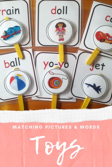 Here's a pretend 'lollipop' matching game to engage kids in learning vocabulary words for toys. Vocabulary For Preschoolers, Toys Esl Activities, Games To Learn English Fun Activities, Esl Kindergarten Activities, Toys Vocabulary For Kids, Toys Worksheets For Kids, Esl Activities For Kids, Toys Activities For Kids, Toys Worksheets