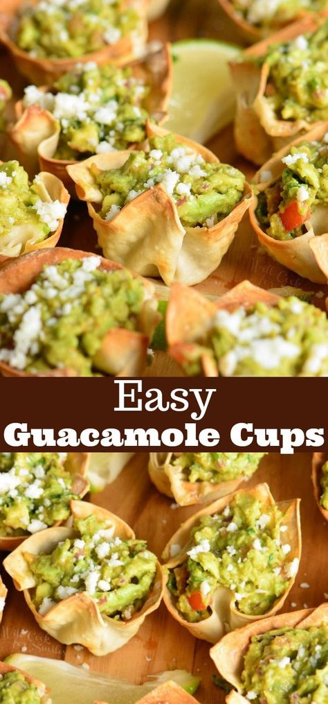 Guacamole Cups. Simple and tasty party appetizer. They are made with wonton wrappers, filled with homemade guacamole and topped with crumbled Cotija cheese. #appetizer #snack #avocado #guacamole #individual Guacamole Cups, Wonton Wraps, Individual Appetizers, Avocado Guacamole, Won Ton, Cheese Appetizer, Mexican Appetizers, Wonton Recipes, Easy Guacamole