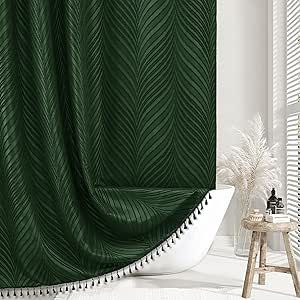 Hunter Green Shower Curtain, Emerald Shower Curtain, Dark Green Shower Curtain Bathroom, Dark Green Bath Mat, Black And Emerald Bathroom, Forrest Green Bathroom, Emerald Green Shower Curtain, Neutral Shower Curtain Ideas, Dark Green Shower Curtain