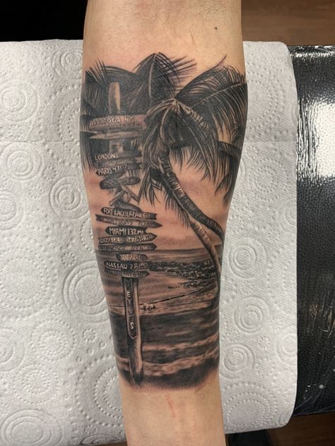 Florida Leg Tattoo, Island Sleeve Tattoo, Mens Tropical Tattoos, Coastal Tattoos Men, Florida Beach Tattoo, Beach Themed Tattoos Men, Tropical Themed Tattoos, Tropical Leg Tattoo, Men’s Beach Tattoos